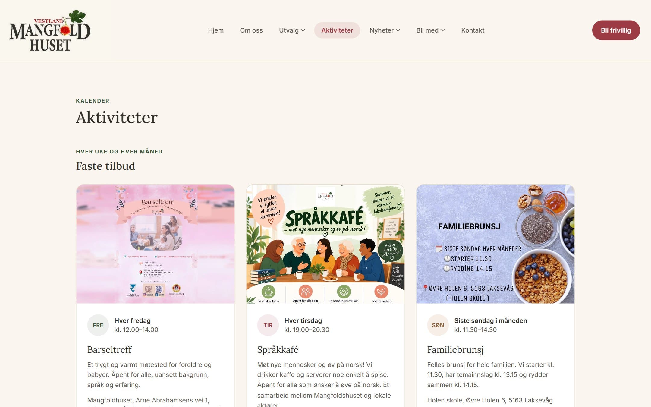 Activities page listing regular offers: Barseltreff on Fridays, Språkkafé on Tuesdays and Familiebrunsj on the last Sunday of the month.