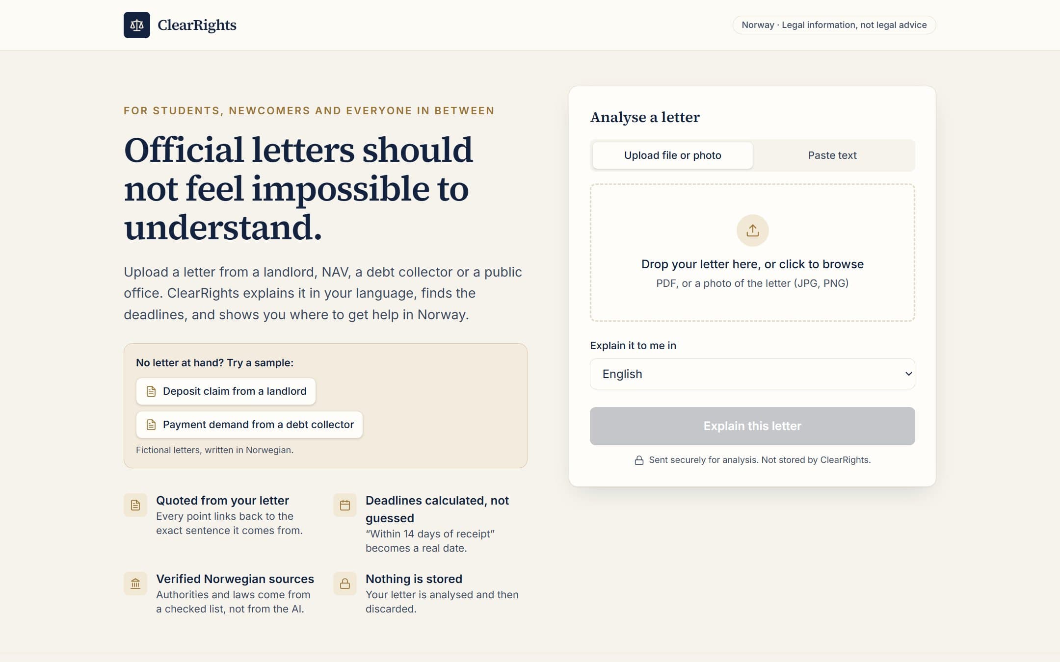 Forsiden til ClearRights: «Official letters should not feel impossible to understand» ved siden av et felt for å laste opp et brev.
